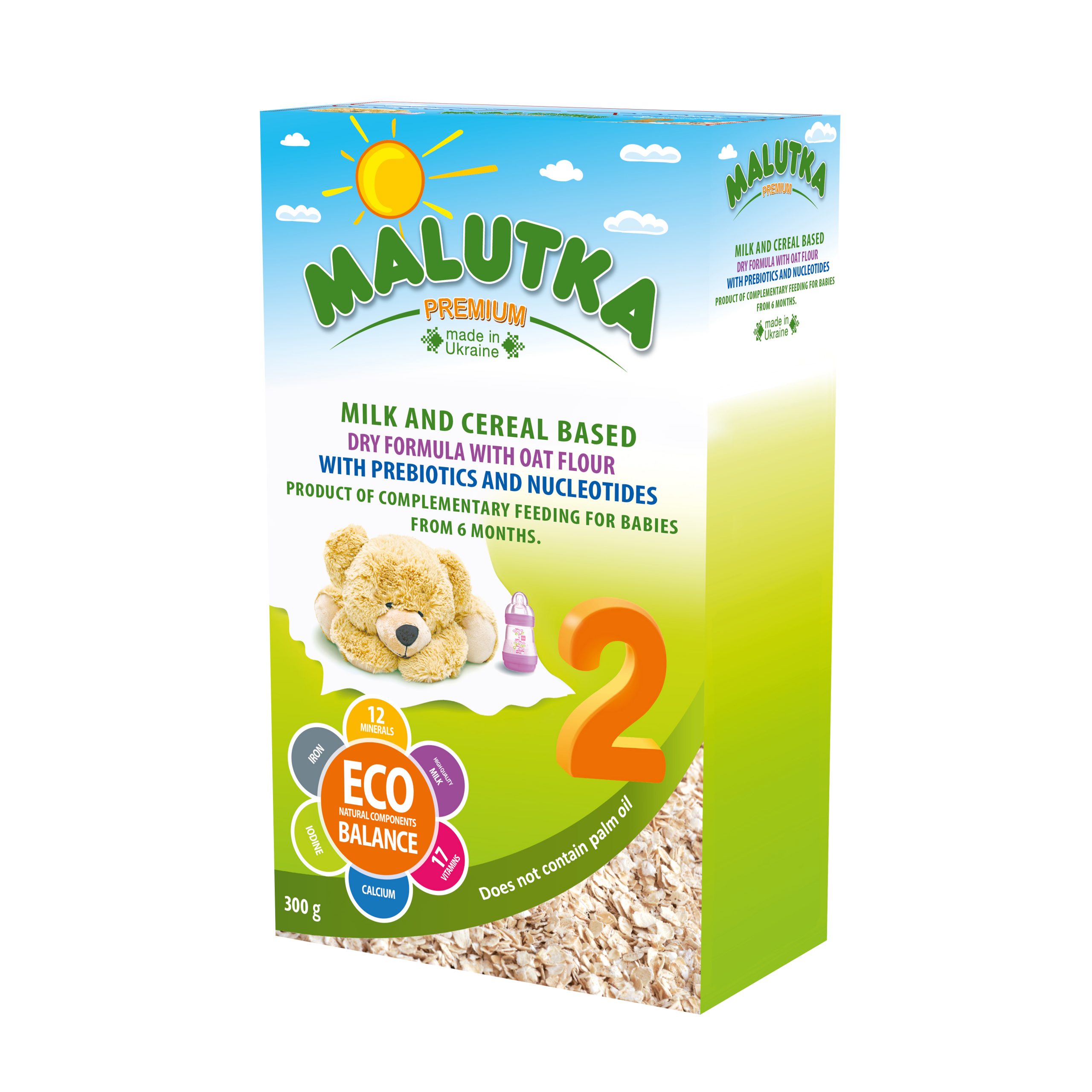 Milk and cereal based infant formula with oat flour with prebiotics and nucleotides. Product of complementary feeding for babies from 6 months